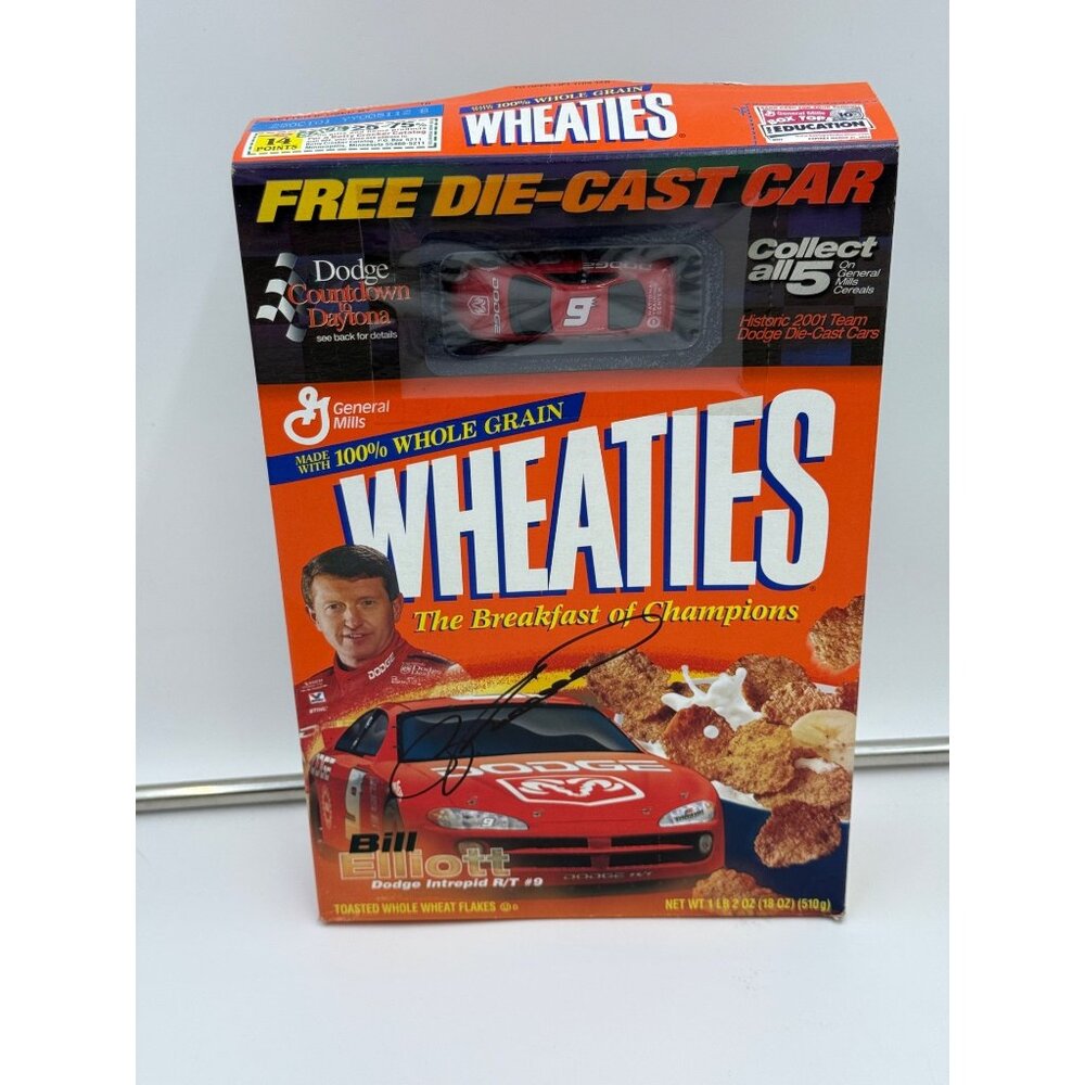 Bill Elliott Signed Wheaties Box Nascar Die Cast Car 2001 Team With 1/64 Car